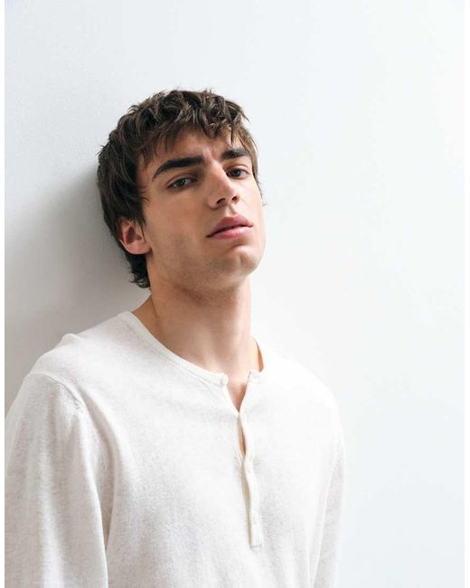 ASOS COLLECTIVE White Relaxed Long Sleeve Linen Rich Henley T-shirt for men