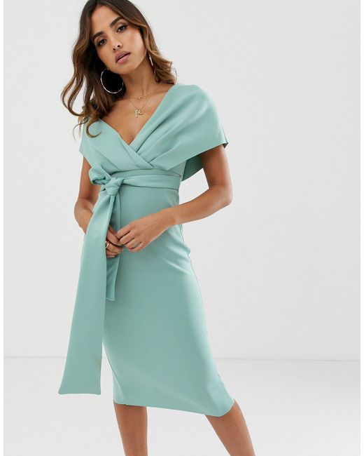 fallen shoulder midi pencil dress