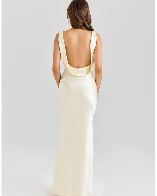House Of Cb White Safaira Lemon Satin Draped Cowl Neck Maxi Dress