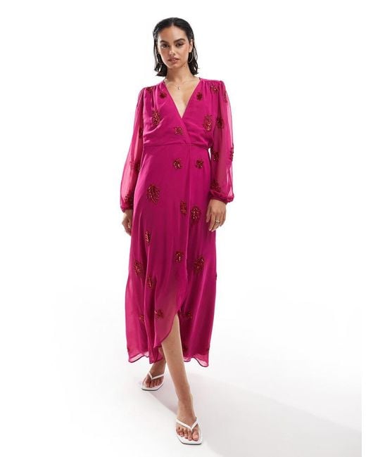Hope & Ivy Pink Allover Embellished Midaxi Wrap Dress