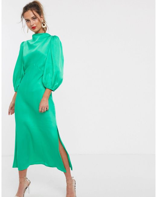 ASOS Cowl Neck Satin Tea Midi Dress With Puff Sleeve in Green | Lyst Canada