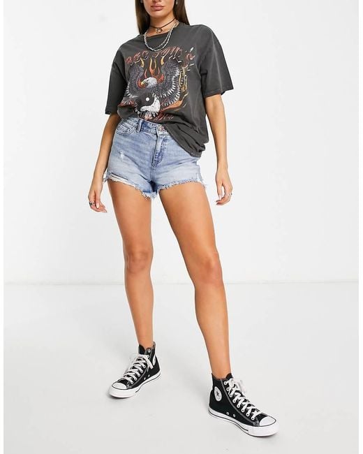 ONLY Blue Pacy High Waisted Ripped Denim Shorts