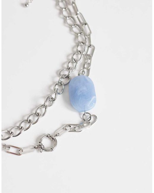 TOPSHOP White Oakley Stainless Steel Multi Chain Necklace With Blue Stone
