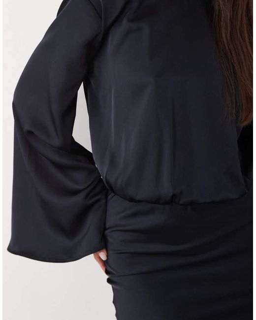 Kaiia Black Exclusive Satin Cinched Blouson Waist Flared Sleeve Maxi Dress