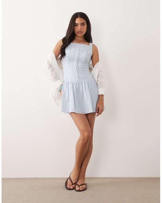 Kaiia White Exclusive Cotton Blend Button Front Square Neck Pleated Mini Dress