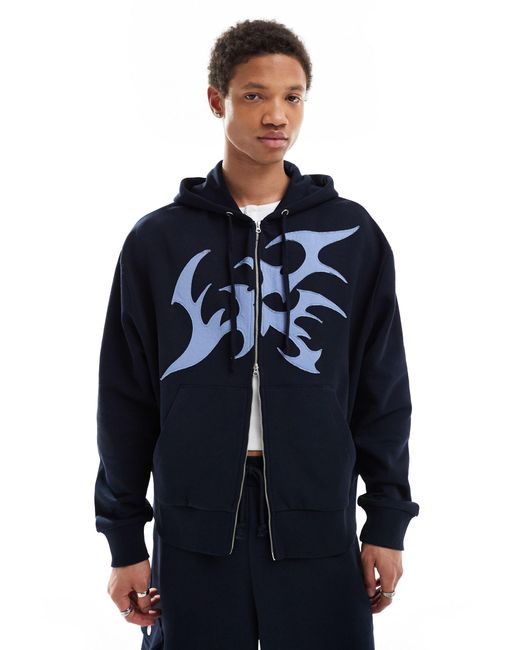 Collusion Blue Embroidered Zip Through Hoodie Co-ord for men