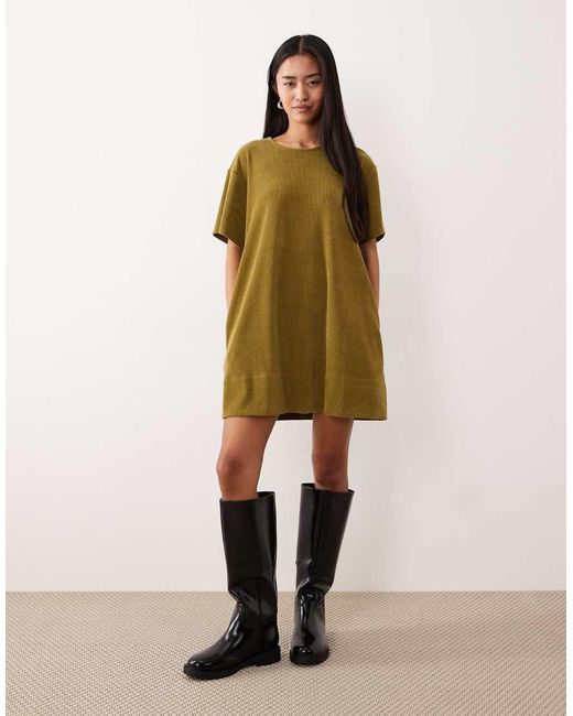 ASOS Green Cord Short Sleeve Shift Mini Dress With Pockets