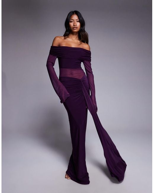 Kaiia Purple Exclusive Double Layered Slinky Foldover Off The Shoulder Sheer Panel Ruched Skirt Maxi Dress