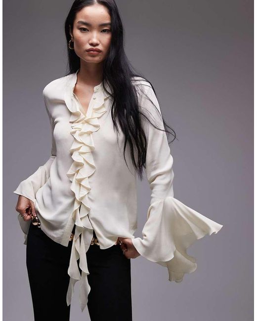 Mango Gray Ruffle Front Elegant Blouse