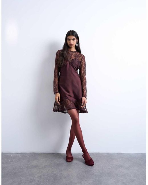 TOPSHOP Purple Lace Sleeve Flippy Hem Mini Dress