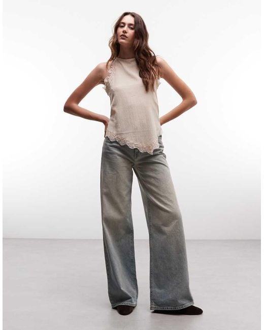 River Island Natural Lace Trim Halterneck Textured Top