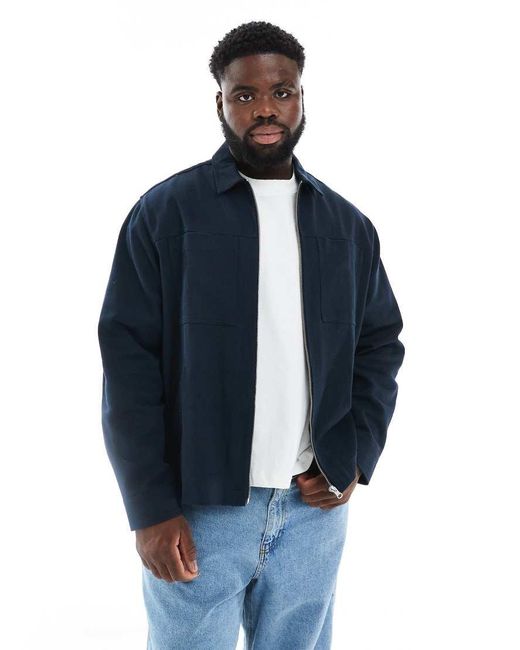 ASOS Blue Zip Through Heavyweight Twill Overshirt for men