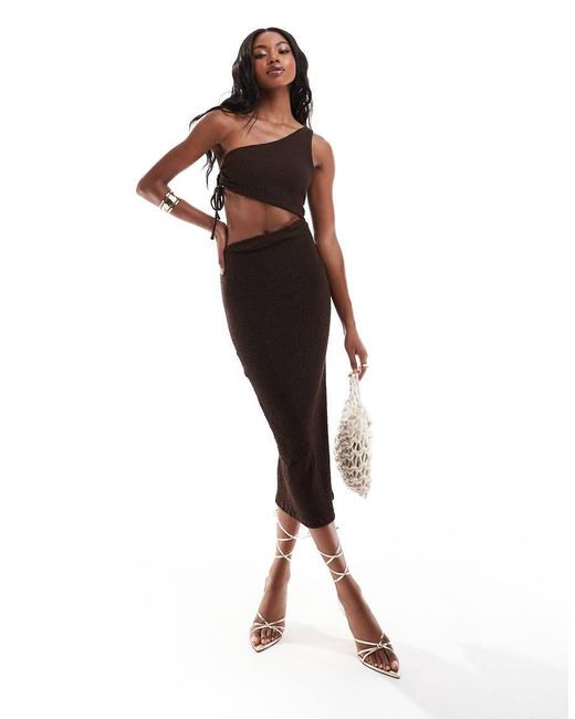 Bershka Brown Textured One Shoulder Cut Out Detail Maxi Dress