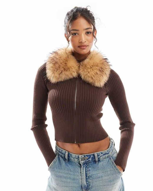 Bershka Blue Faux Fur Collar Zip Up Knitted Top