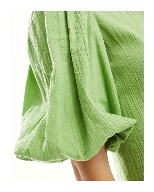 Monki Green Short Balloon Sleeve Mini Dress With Pleated Volume Bottom