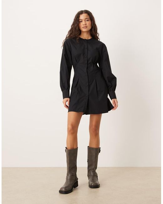 ASOS Black Round Neck Button Through Waisted Mini Dress
