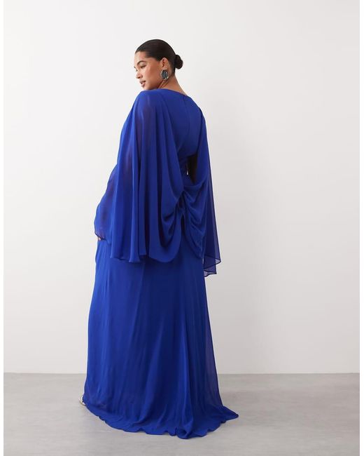 ARRANGE Blue Curve Drop Waist Grecian Draped Cape Sleeve Maxi Dress