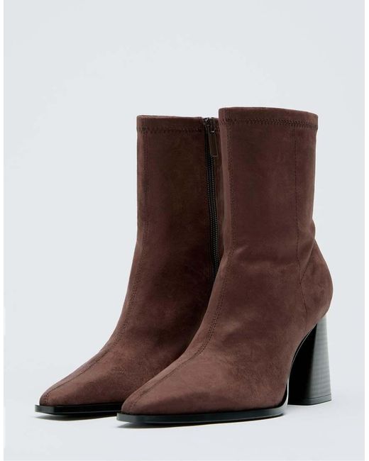 Stradivarius Brown Faux Suede Block Heel Ankle Boots