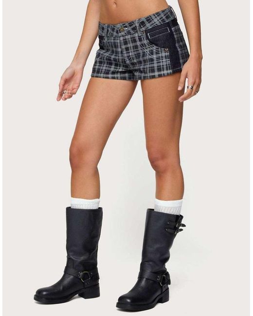 Edikted Blue Carie Plaid Low Rise Denim Shorts