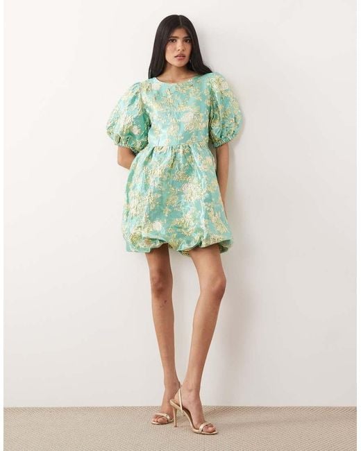 Sister Jane Green Jacquard Puff Sleeve Bubble Hem Mini Dress