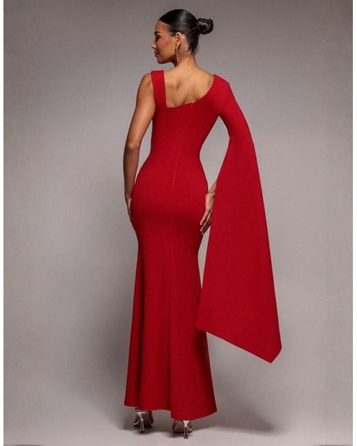 Goddiva Red One Shoulder Cape Sleeve Maxi Dress