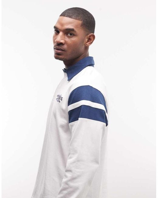 Alma de Ace White Lina Long Sleeve Rugby Polo Top With Contrast Collar for men