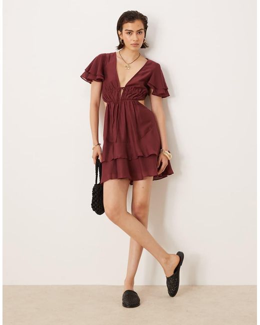 ASOS Red V Neck Angel Sleeve Cut Out Mini Dress