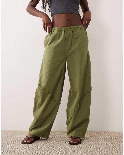 ASOS Green Linen Blend Pull On Barrel Leg Trousers With Raw Seam Detail