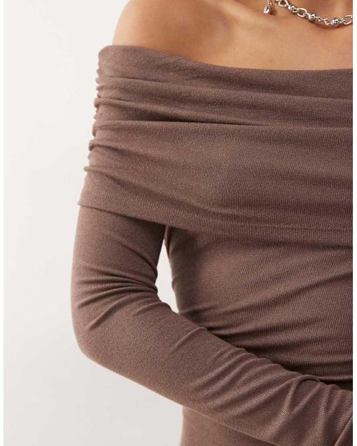 Lioness Brown Field Of Dreams Glitter Long Sleeve Foldover Bardot Ruched Drop Waist Pleated Maxi Dress