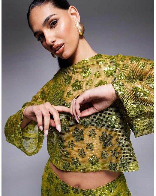 ASOS Green Co-ord Long Sleeve Crochet Floral Sequin Backless Top
