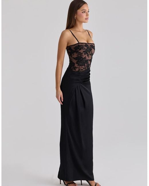 House Of Cb Blue Eliette Embellished Lace + Satin Maxi Dress