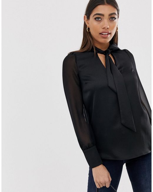 River Island Denim Pussybow Blouse in Black | Lyst