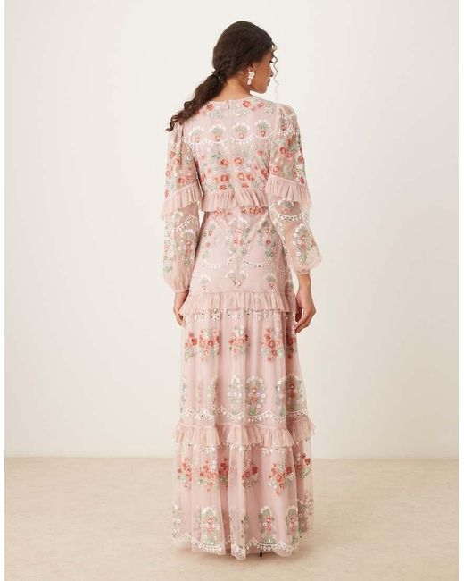 Maya Pink Embroidered Long Sleeve Maxi Dress