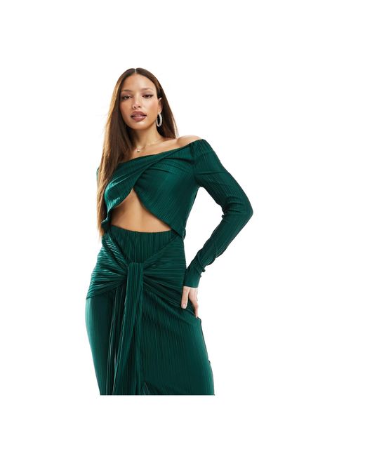 Asos design tall - vestito midi plissé color bosco con scollo alla bardot incrociato sul davanti di ASOS in Green