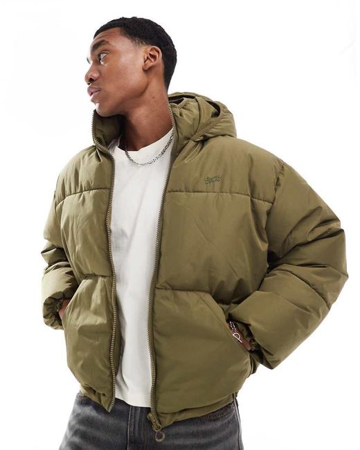 Pull&Bear Green Boxy Puffer Jacket With Hood for men