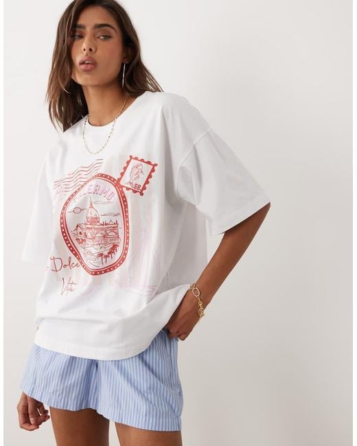 The Frolic White Exclusive 'palermo' Postcard Graphic Front Oversized T-shirt