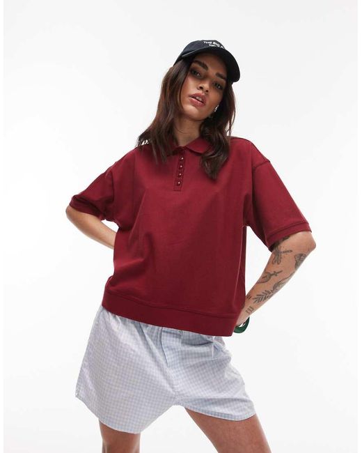 TOPSHOP Red Short Sleeve Boxy Polo