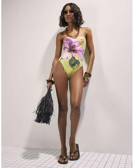 River Island Green Hibiscus Floral Print Sequin Swimsuit