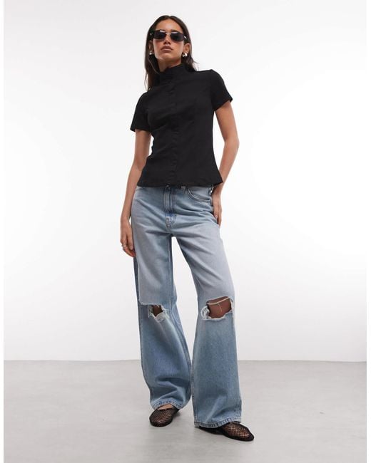 Weekday Black Structured Button Up Top