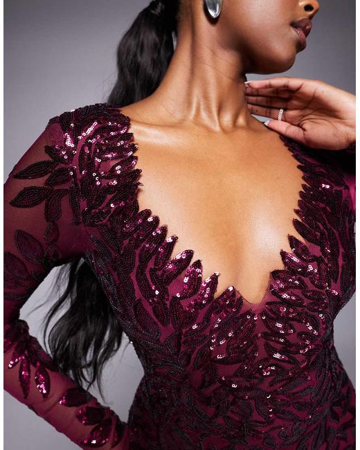 Goddiva Purple Long Sleeve Sequin Leaf Long Sleeve Maxi Dress