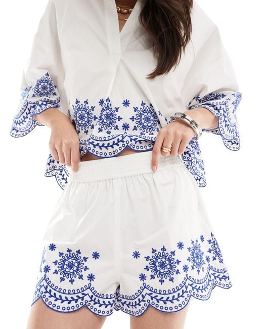 French Connection White Embroidered High Rise Shorts