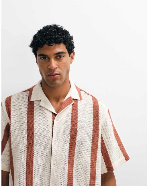 ASOS Natural Boxy Oversized Revere Crochet Stripe Shirt for men