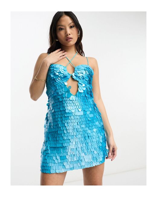 ASOS Blue Asos Design Petite Embellished Disc Sequin Mini Dress With Cut Out Detail