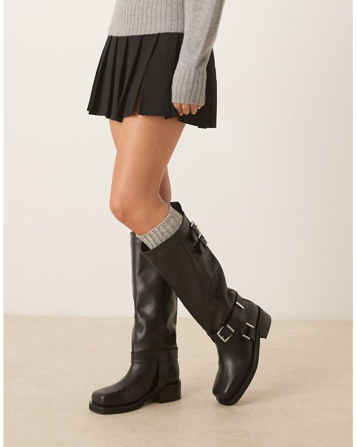 ASOS Natural Crest Leather Harness Biker Knee Boots