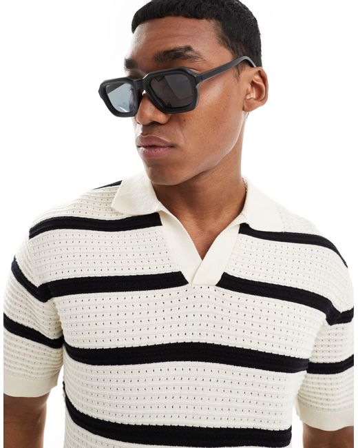 Bershka White Textured Stripe Polo Shirt for men