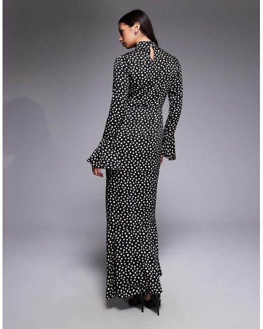 DASKA Gray Satin Knot Detail Fluted Sleeve Maxi Dress