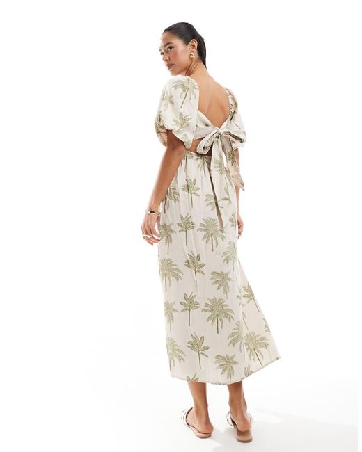 New Look Midi Jurk Met Palmenprint En Pofmouwen in het Natural