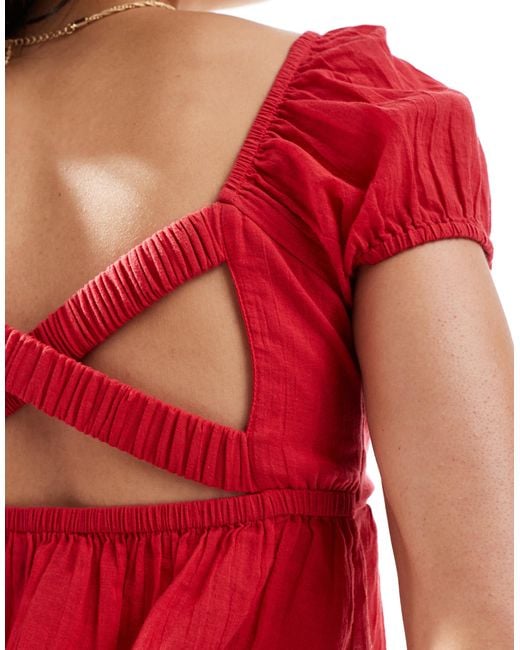 Hollister Red Babydoll Puff Sleeve Open Back Top