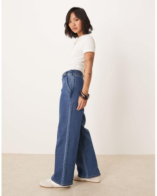 JDY Petite Blue High Waist Wide Leg Jeans With Buttons Details