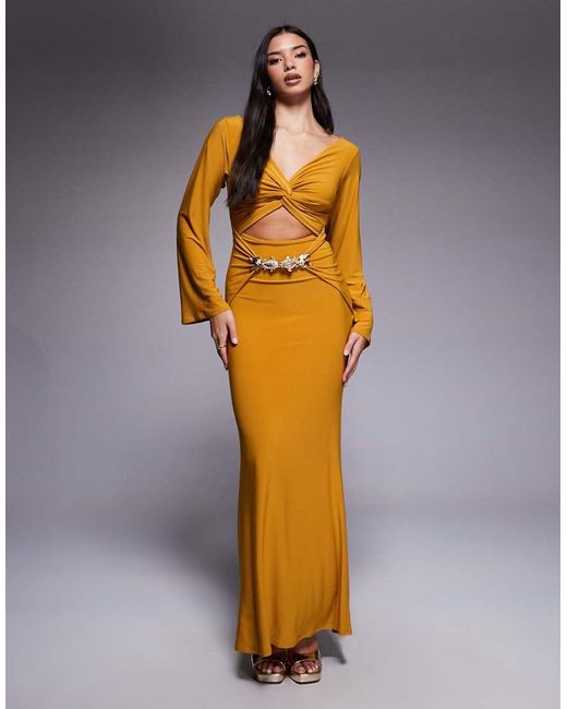 ASOS Metallic Long Sleeve Drape Front Maxi Dress With Gold Fish Trim